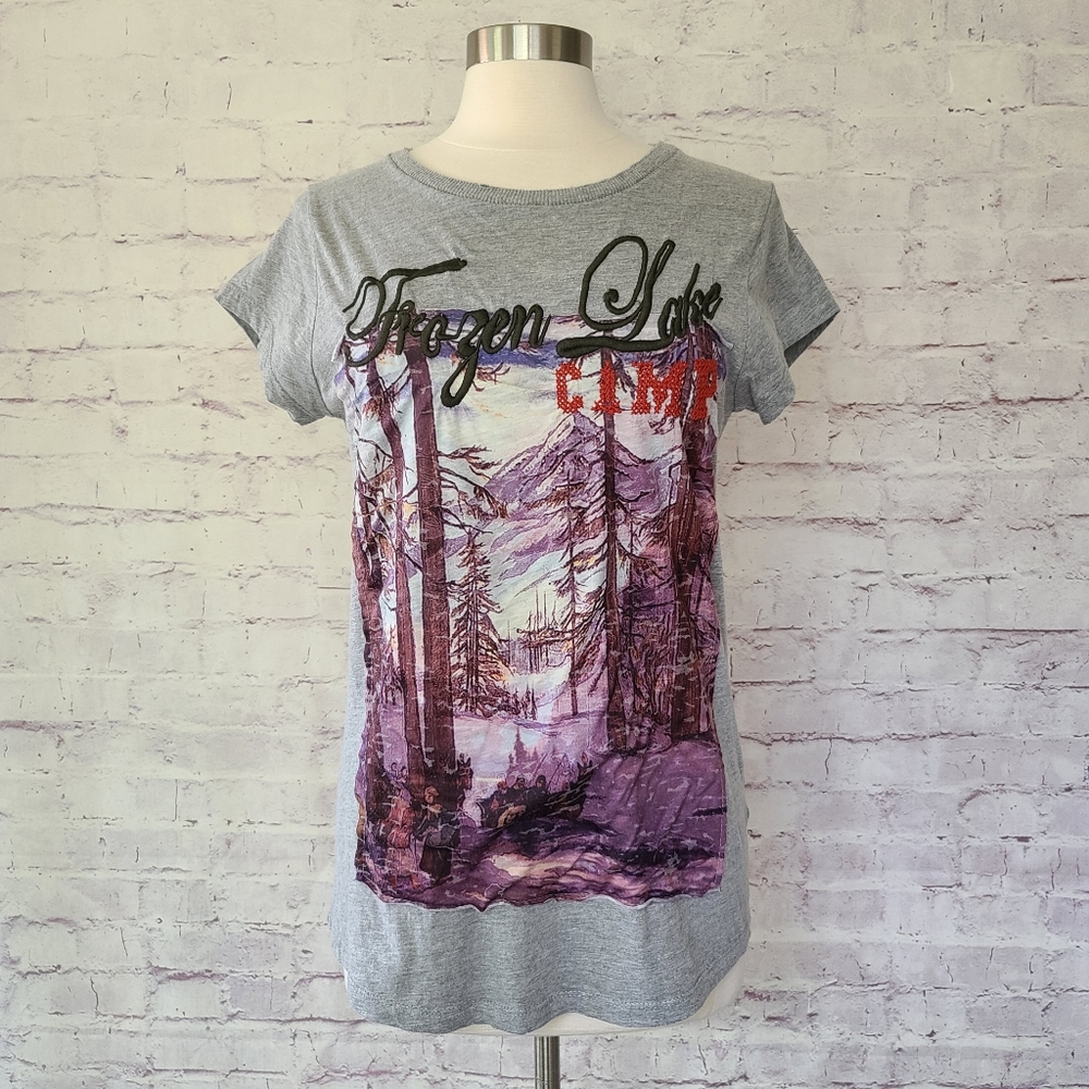 Zara Trafaluc Frozen Lake Camp Vintage Painting Pic Embroidered Tee Large